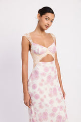 FLORAL MESH LACE TRIM MAXI DRESS WITH BUST CUTOUT