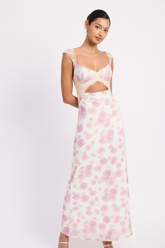 FLORAL MESH LACE TRIM MAXI DRESS WITH BUST CUTOUT