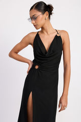 RUCHED HALTER MIDI DRESS WITH SIDE RING CUTOUT