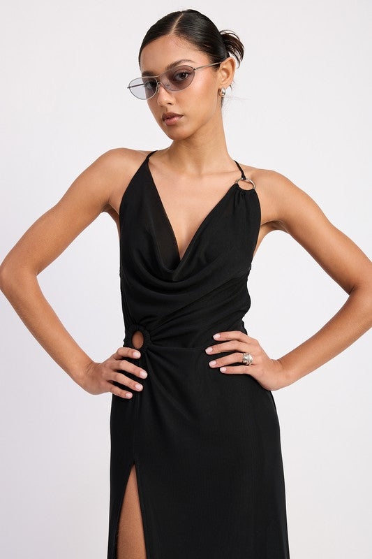 RUCHED HALTER MIDI DRESS WITH SIDE RING CUTOUT