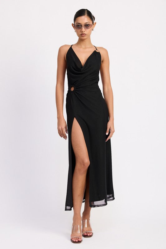 RUCHED HALTER MIDI DRESS WITH SIDE RING CUTOUT