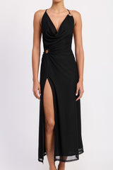 RUCHED HALTER MIDI DRESS WITH SIDE RING CUTOUT