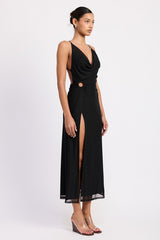 RUCHED HALTER MIDI DRESS WITH SIDE RING CUTOUT