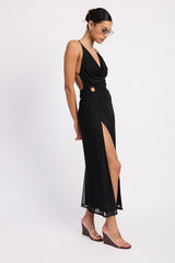 RUCHED HALTER MIDI DRESS WITH SIDE RING CUTOUT