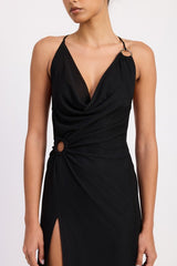 RUCHED HALTER MIDI DRESS WITH SIDE RING CUTOUT