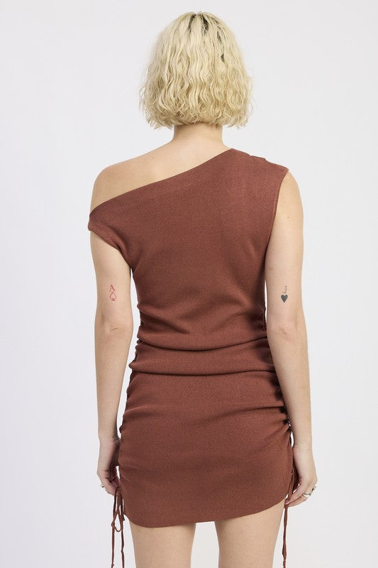 OFF SHOULDER MINI DRESS WITH DRAWSTRINGS
