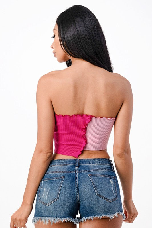 Asymmetric Contrast lettuce edge knit crop top