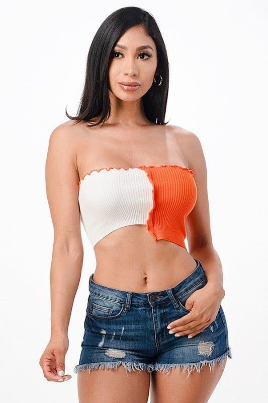 Asymmetric Contrast lettuce edge knit crop top