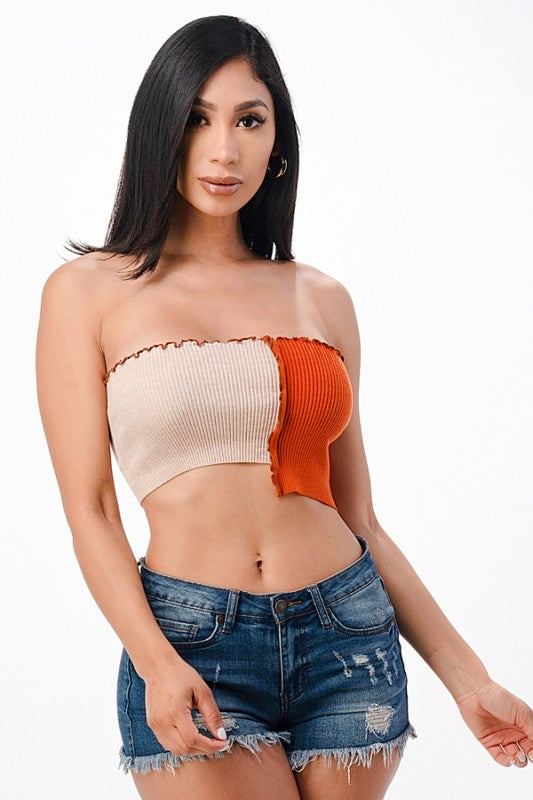 Asymmetric Contrast lettuce edge knit crop top