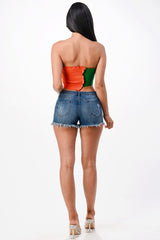 Asymmetric Contrast lettuce edge knit crop top