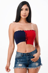 Asymmetric Contrast lettuce edge knit crop top