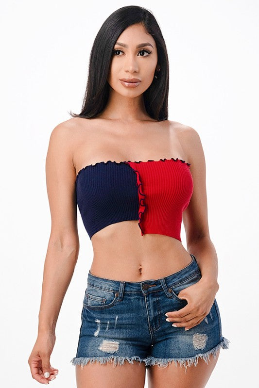 Asymmetric Contrast lettuce edge knit crop top