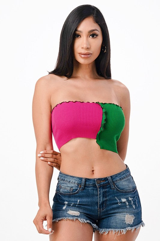 Asymmetric Contrast lettuce edge knit crop top
