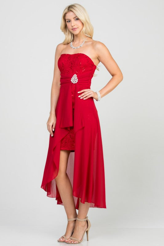 Open back Lace and chiffon surplus dress with waist brooch
