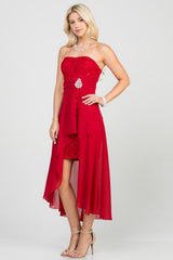Open back Lace and chiffon surplus dress with waist brooch