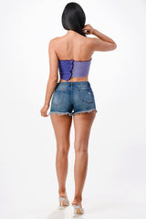Asymmetric Contrast lettuce edge knit crop top