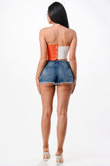 Asymmetric Contrast lettuce edge knit crop top