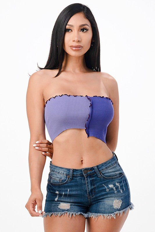 Asymmetric Contrast lettuce edge knit crop top