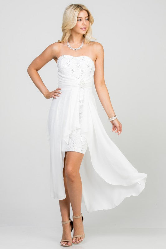 Open back Lace and chiffon surplus dress with waist brooch
