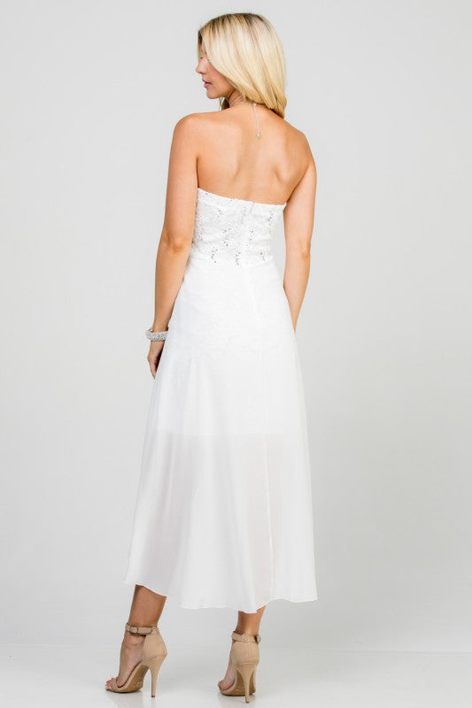 Open back Lace and chiffon surplus dress with waist brooch